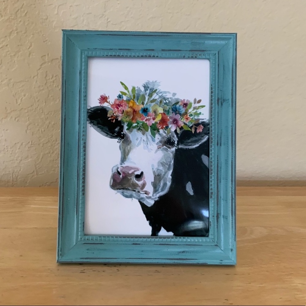 Farmhouse Cow & flowers picture 5x7 w/frame - Picture 1 of 1